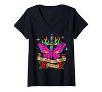 Femme Too Queer for Your Comfort Tatouage Papillon Arc-en-Ciel LGBT T-Shirt avec Col en V