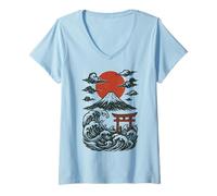 Femme Torii Japan Wave Volcan Sun Mount Fuji Rising Red T-Shirt avec Col en V