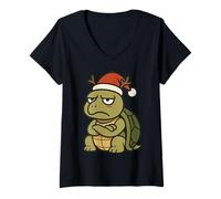 Femme Tortue avec Bonnet Pointu de Noël T-Shirt avec Col en V