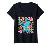 Femme Tortue florale bohème Save the Sea Turtle Ocean Animals T-Shirt avec Col en V
