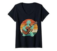 Femme Tortue Jouant de la Guitare Vintage Guitare rétro Rock Guitariste T-Shirt avec Col en V
