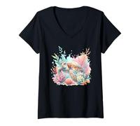 Femme Tortue océanique entourée d'une scène de Corail T-Shirt avec Col en V