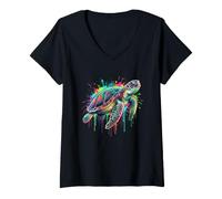 Femme Tortues du Monde Color Splash Paint Art T-Shirt avec Col en V