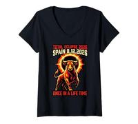 Femme Total Eclipse 12 8 2026 Espagne Astronomie Voyage Taureau Espagnol T-Shirt avec Col en V