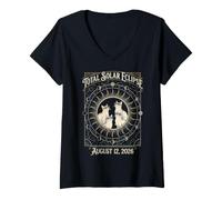 Femme Total Solar Eclipse Funny Cats Portant des Lunettes 2026 août T-Shirt avec Col en V