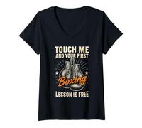 Femme Touch Me and Your First Boxing Lesson is Free Funny Boxer T-Shirt avec Col en V