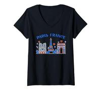 Femme Tour Eiffel de Paris Notre Dame Arc de Triomphe Art Souvenir T-Shirt avec Col en V