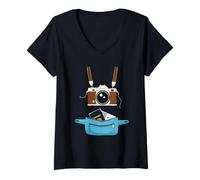 Femme Tourist Spirit Day Camera Passeport Travel Around a World T-Shirt avec Col en V