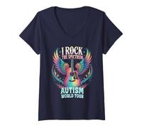 Femme Tournée mondiale Autism I ROCK THE SPECTRUM L'éducateur Stim Proud T-Shirt avec Col en V