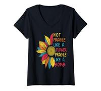 Femme Tournesol coloré pas fragile comme une fleur mais une bombe T-Shirt avec Col en V