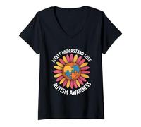 Femme Tournesol de Sensibilisation à l'Autisme accepte Comprendre l'amour T-Shirt avec Col en V