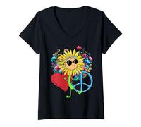Femme Tournesol, Fleurs, cœur, Symbole de la Paix, tournesols T-Shirt avec Col en V