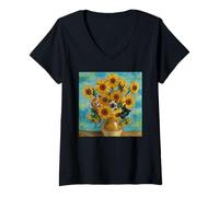 Femme Tournesols avec Chats de Van Gogh, inspiré de Vincent Van Gogh T-Shirt avec Col en V