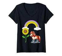 Femme Tournesols été cheval cheval arc-en-ciel enfant fille T-Shirt avec Col en V