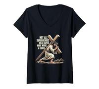 Femme Tous les super-héros ne portent pas de capes, les miennes portaient une croix, Jésus, Pâques T-Shirt avec Col en V