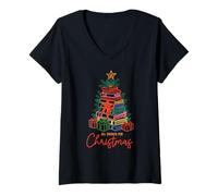 Femme Tous réservés pour Arbre de Noël Pile de Livres Lecture Vacances T-Shirt avec Col en V
