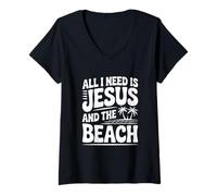 Femme Tout ce Dont J'Ai Besoin, C'est de Jésus et de la Plage T-Shirt avec Col en V
