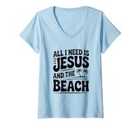 Femme Tout ce Dont J'Ai Besoin, C'est de Jésus et de la Plage T-Shirt avec Col en V