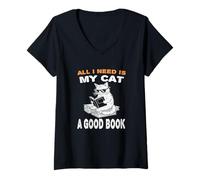 Femme Tout ce Dont J'Ai Besoin, C'est de Mon Chat et d'un Bon Livre à Lire pour Les Amoureux des Chats T-Shirt avec Col en V