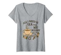 Femme Tout ce Dont J'Ai Besoin C'est du thé et de Mon Chapelet T-Shirt avec Col en V
