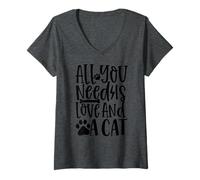 Femme Tout ce Dont Vous Avez Besoin, C'est de l'amour et d'un Chat pour Les Amoureux des Chats T-Shirt avec Col en V