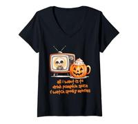 Femme Tout ce Que Je Veux, C'est Boire des épices à la Citrouille et Regarder des Films effrayants T-Shirt avec Col en V