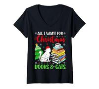 Femme Tout ce Que Je Veux pour Noël, ce sont des Livres et des Chats, de Jolies Vacances douillettes T-Shirt avec Col en V