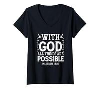 Femme Tout est Possible avec Dieu - Matthieu 19:26 T-Shirt avec Col en V