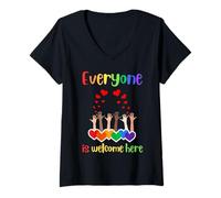 Femme Tout Le Monde est Le bienvenu Ici Inclusion diversité Arc-en-Ciel LGBTQ T-Shirt avec Col en V