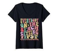 Femme Tout Le Monde sur la Plage Devient Ivre avec des Amis de Camping Groovy T-Shirt avec Col en V