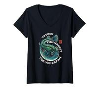 Femme Toyosu Fish Market Tokyo Japon Fugu Souvenir T-Shirt avec Col en V