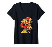 Femme Traditional Zodiac Lucky Red Oriental Chinese Dragon T-Shirt avec Col en V