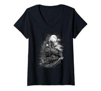 Femme Train à Vapeur Pleine Lune Nuit Chemin de Fer Art rétro T-Shirt avec Col en V