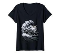 Femme Train à Vapeur Rugissant dans la Nuit T-Shirt avec Col en V