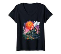 Femme Train d'halloween Effrayant Citrouille Lune Nuit hantée T-Shirt avec Col en V