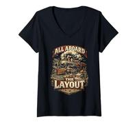 Femme Train Miniature All Aboard The Layout T-Shirt avec Col en V