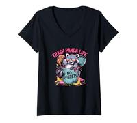Femme Trash Panda Life No Regrets Raccoon Pizza Humour T-Shirt avec Col en V