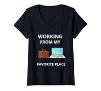 Femme Travailler Depuis Mon Lieu préféré Graphique de Travail à Distance T-Shirt avec Col en V