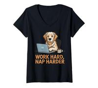 Femme Travailler Dur, Faire Une Sieste Plus Fort, Citation drôle T-Shirt avec Col en V