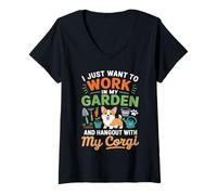 Femme Travaillez dans mon jardin et accrochez-le avec les amateurs de chiens de jardinage Corgi T-Shirt avec Col en V