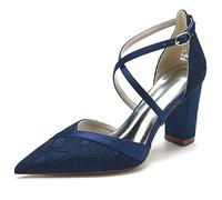Femme Traverser La Cheville Talon Haut Bloc Escarpins Bout Pointu Chaussures De Mariée De Mariage,Marine,42 EU
