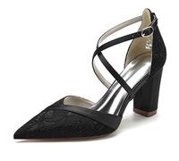 Femme Traverser La Cheville Talon Haut Bloc Escarpins Bout Pointu Chaussures De Mariée De Mariage,Noir,36 EU