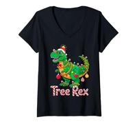 Femme Tree Rex Christmas Costume T-Rex Dinosaur Xmas Light Family T-Shirt avec Col en V