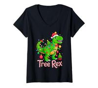 Femme Tree Rex Christmas Costume T-Rex Dinosaur Xmas Light Family T-Shirt avec Col en V