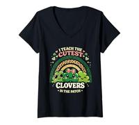 Femme Trèfles Les Plus Mignons dans Patch Teacher Boho Leopard Arc-en-Ciel T-Shirt avec Col en V