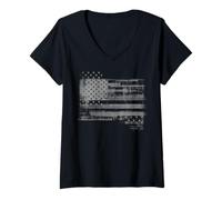 Femme Trendy Apparel Distressed Faded Black and White USA Flag T-Shirt avec Col en V