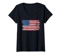 Femme Trendy Apparel Distressed Faded Red White and Blue USA Flag T-Shirt avec Col en V