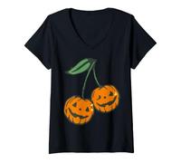 Femme Trendy Apparel Halloween Jack O Lantern Cherry Pumpkin Big T-Shirt avec Col en V