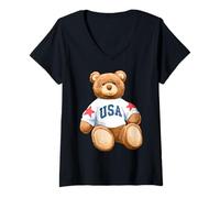 Femme Trendy Apparel Teddy Bear with USA and Stars Sweatshirt T-Shirt avec Col en V