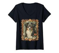 Femme Tri Black Berger Australien William Morris Style Floral T-Shirt avec Col en V